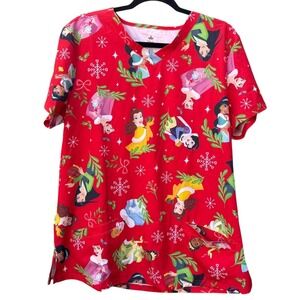 Disney Princess Womens Large Scrub Top Red Holiday Christmas Belle Ariel